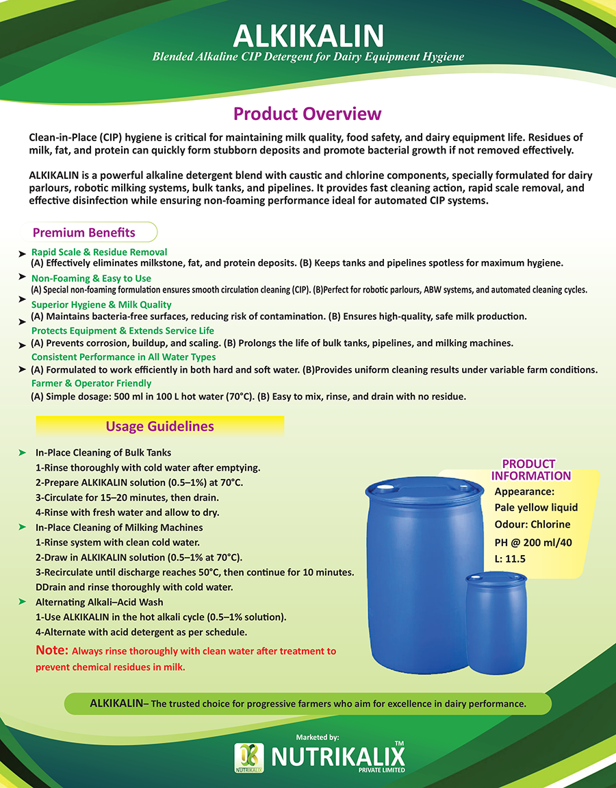Alkikalin – Blended Alkaline Cip Detergent for Dairy Farm Hygiene - Nutrikalix Alkikalin Dairy Farm Cip Detergent